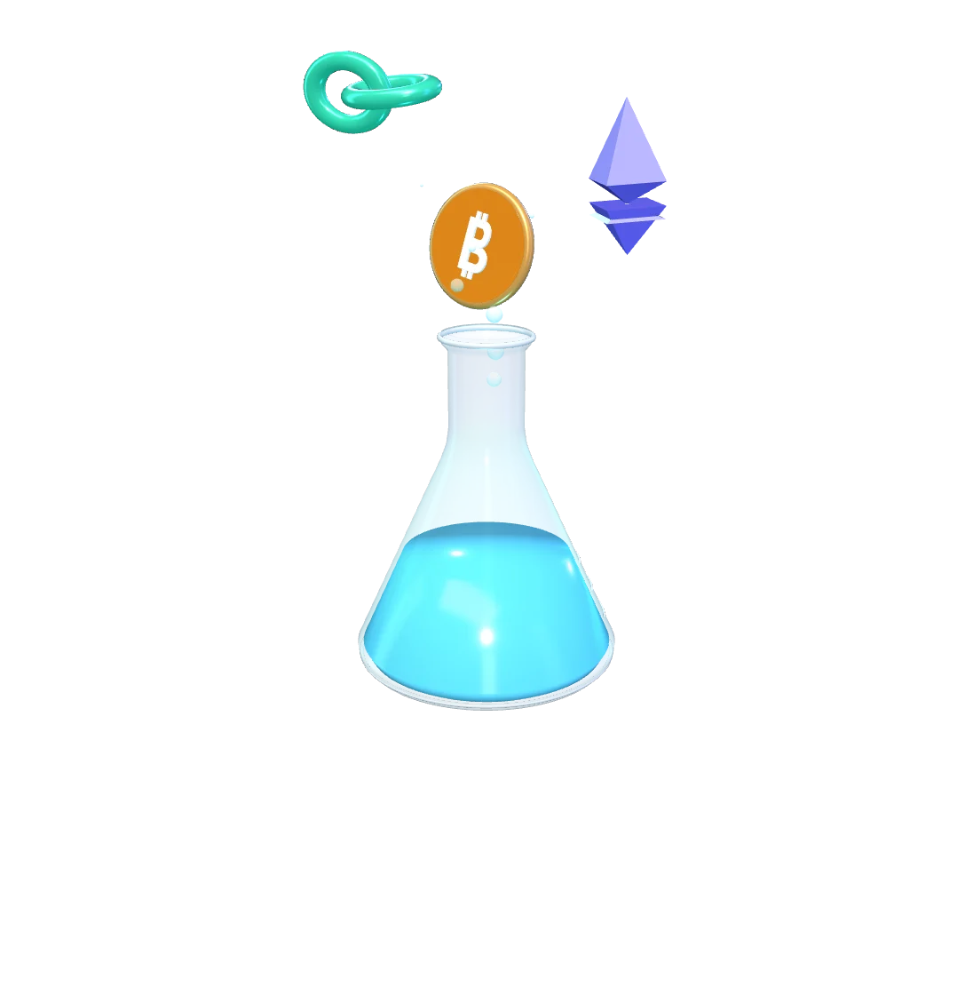 The Madlabs flask: a glass lab flask of bubbling ice-blue liquid, with a chain link, an Ether crystal and a Bitcoin coin orbiting above it.