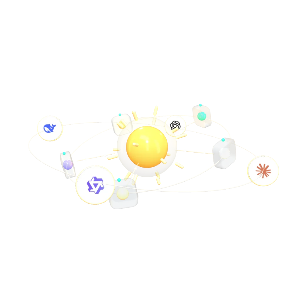 Sun: a glowing amber core with five AI agents on an orbit around it and an outer ring of AI providers: Claude, OpenAI, DeepSeek, Qwen.